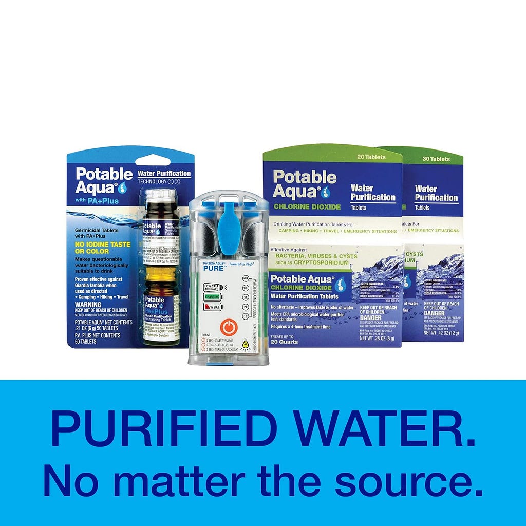 Potable Aqua Water Purification Tablets with PA Plus, Portable and Effective Solution for Camping, Hiking, Emergencies, Natural Disasters and International Travel, Two 50ct Bottles