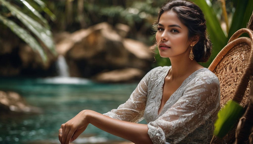 A Balinese woman sitting next to an idyllic tropical lagoon — scenes of tranquility hide uncomfortable health issues like Bali Belly