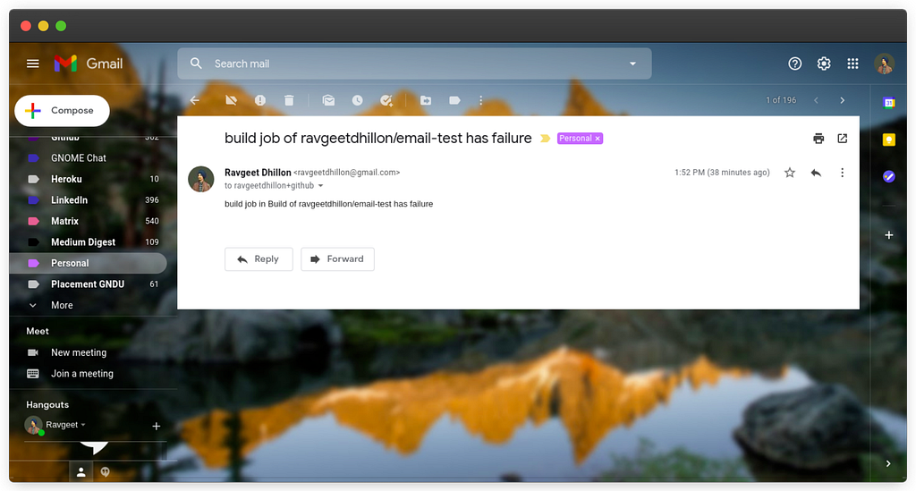 Email Notification sent about failed Github Action