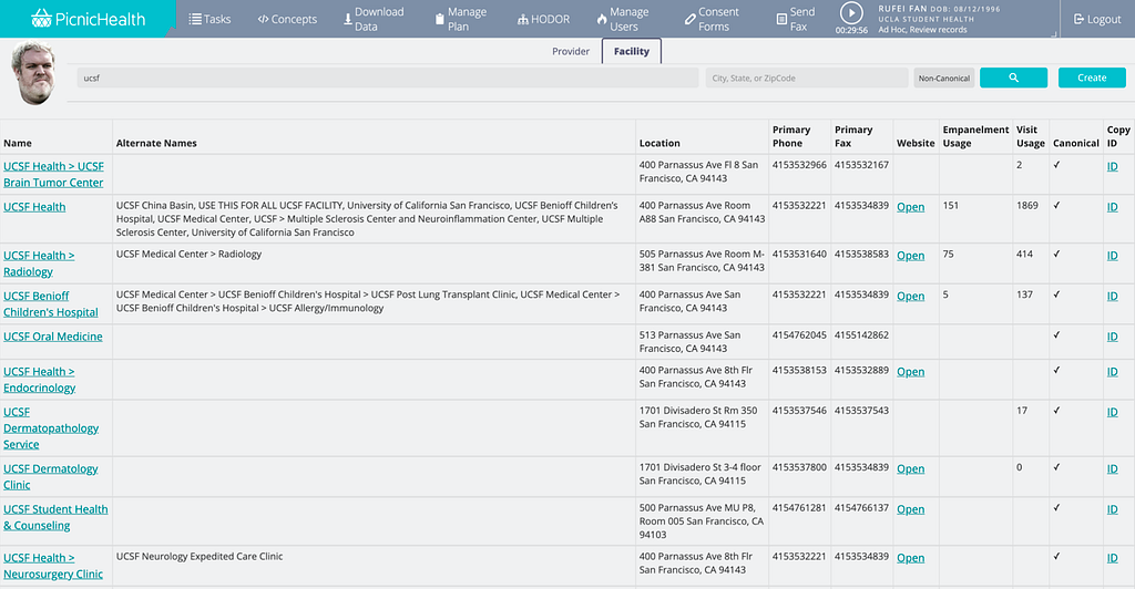 The original HODOR design, which is a screen of a table containing detailed information on medical facilities.