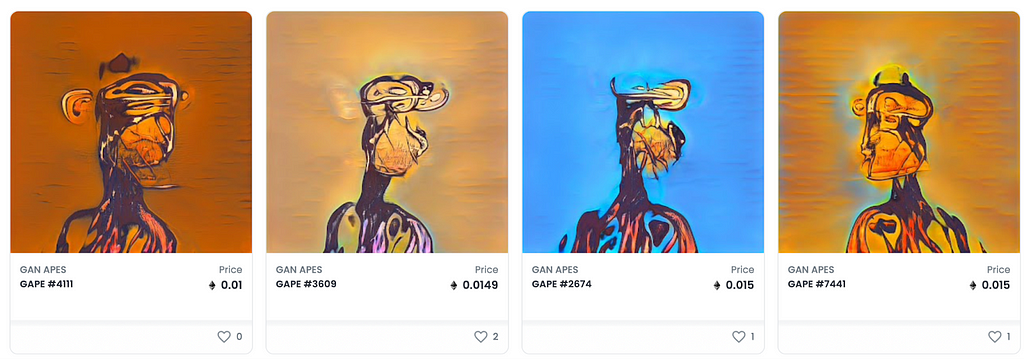 Four images of psychedelic NFTs listed for sell that slighly resemble the Bored Apes collection.