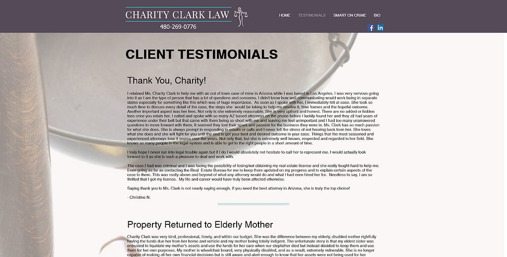 Screenshot of current Testimonials page
