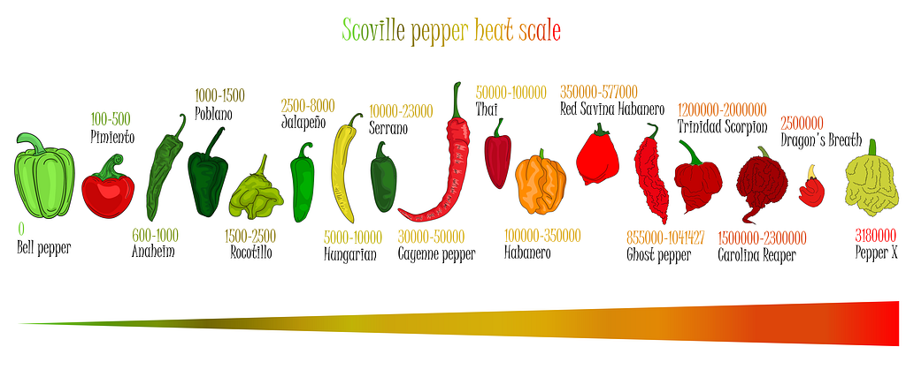 Series of drawings of different peppers showing their Scoville Scale range, from mildest (bell pepper) to hottest (Pepper X).