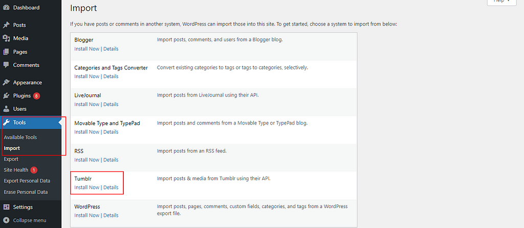 Import Page in WordPress Tools Menu