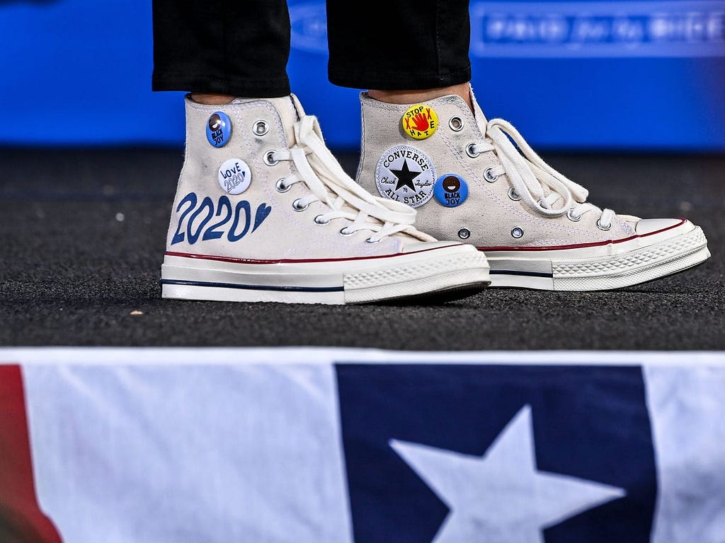 A close-up of then-vice presidential nominee Kamala Harris’ Converse sneakers, which she wore at a drive-in campaign event in West Palm Beach, Florida, in October 2020.