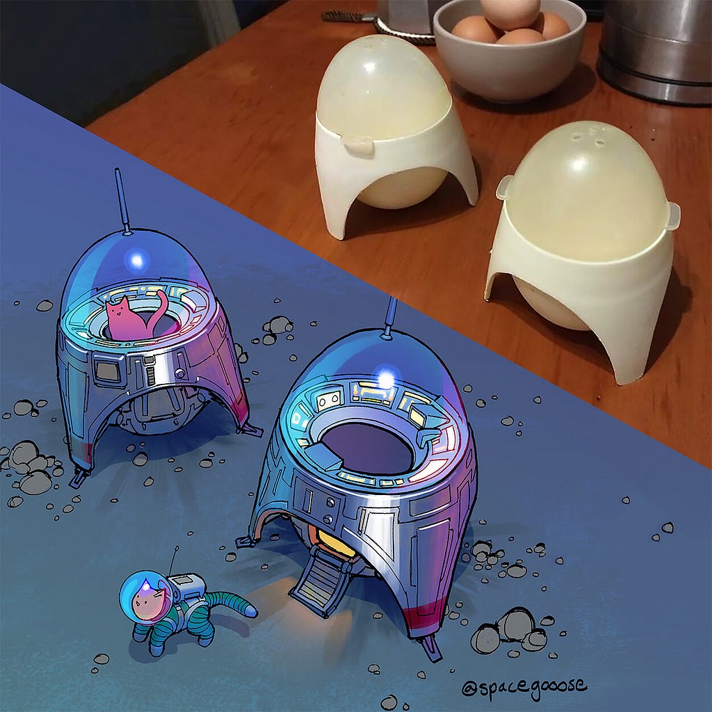 The top half of the image is a photo of two egg cups on a kitchen bench. The bottom half is an illustration of two spaceships that have the same shape as the egg cups.
