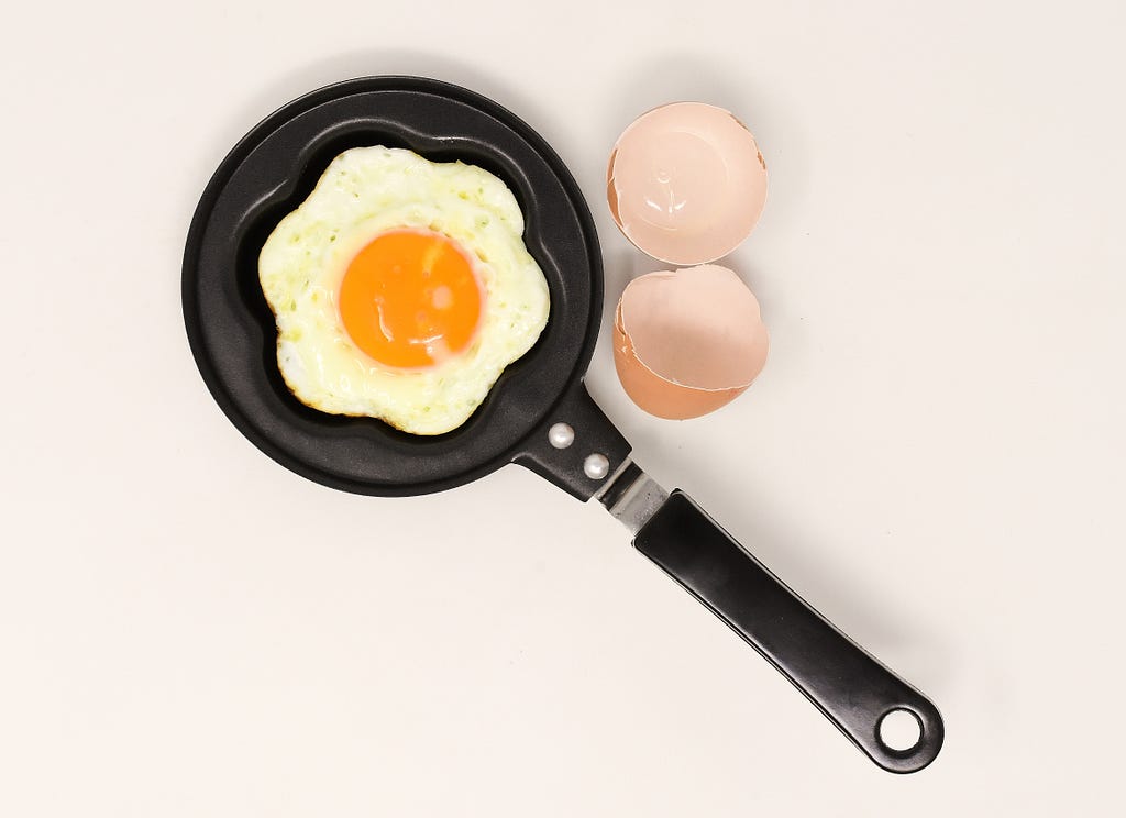 A fried egg in a small pan