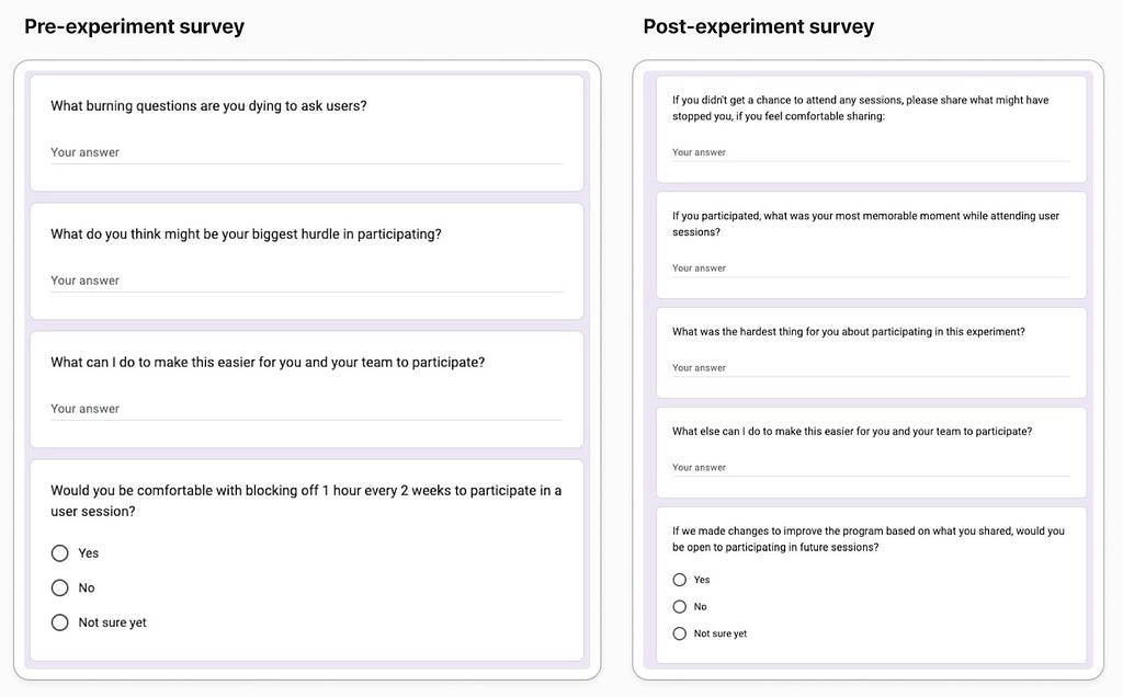 Author shows 2 versions of a survey pre and post asking stakeholders to participate in user interviews, where the questions are expressed with empathy about stakeholder workload. The questions include important ones like “What can I do to better support your work?” and “What are you dying to ask users?” At the end of the survey, the ReOps specialist offered 1 question of pre-commitment, such as “Would you be willing to participate in at least 2 sessions ? (Y/N)”