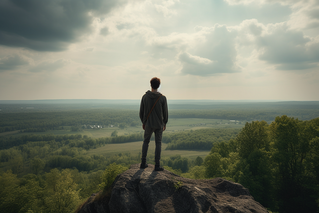 A young man, standing at the edge of a cliff, overlooking a vast landscape that transitions from a polluted, gray cityscape on the left to a vibrant, green forest on the right. He gazes thoughtfully towards the horizon, symbolizing the emotional struggle and the journey he embarks upon, from a career driven by profit to one that seeks meaning and positive change. The contrast between the two environments highlights the story’s central theme of finding balance and purpose in the face.
