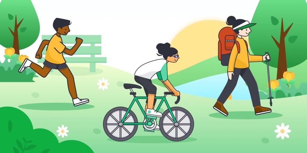 Three people in a park next to a pond running, biking, and walking