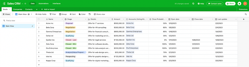 Example of CRM in Airtable