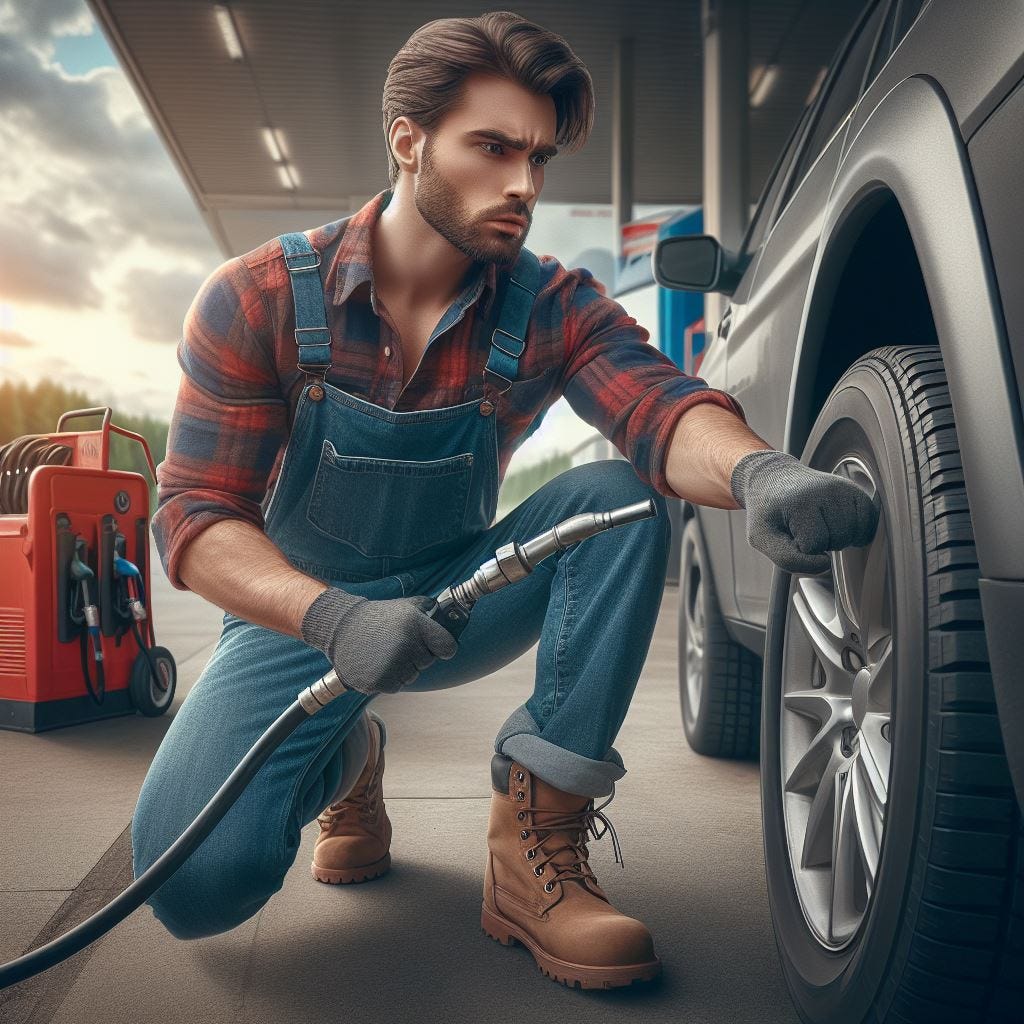 A man pumping his tire at a gas station.