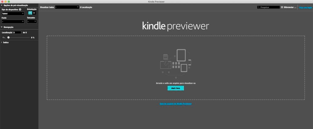 Tela de abertura do software Kindle Previewer