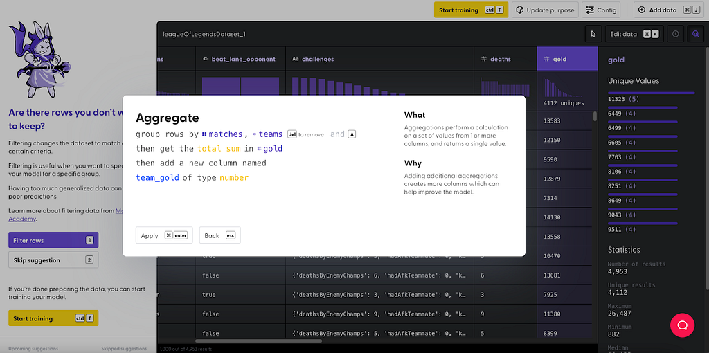 Showing operation for aggregating the sum of a team’s gold