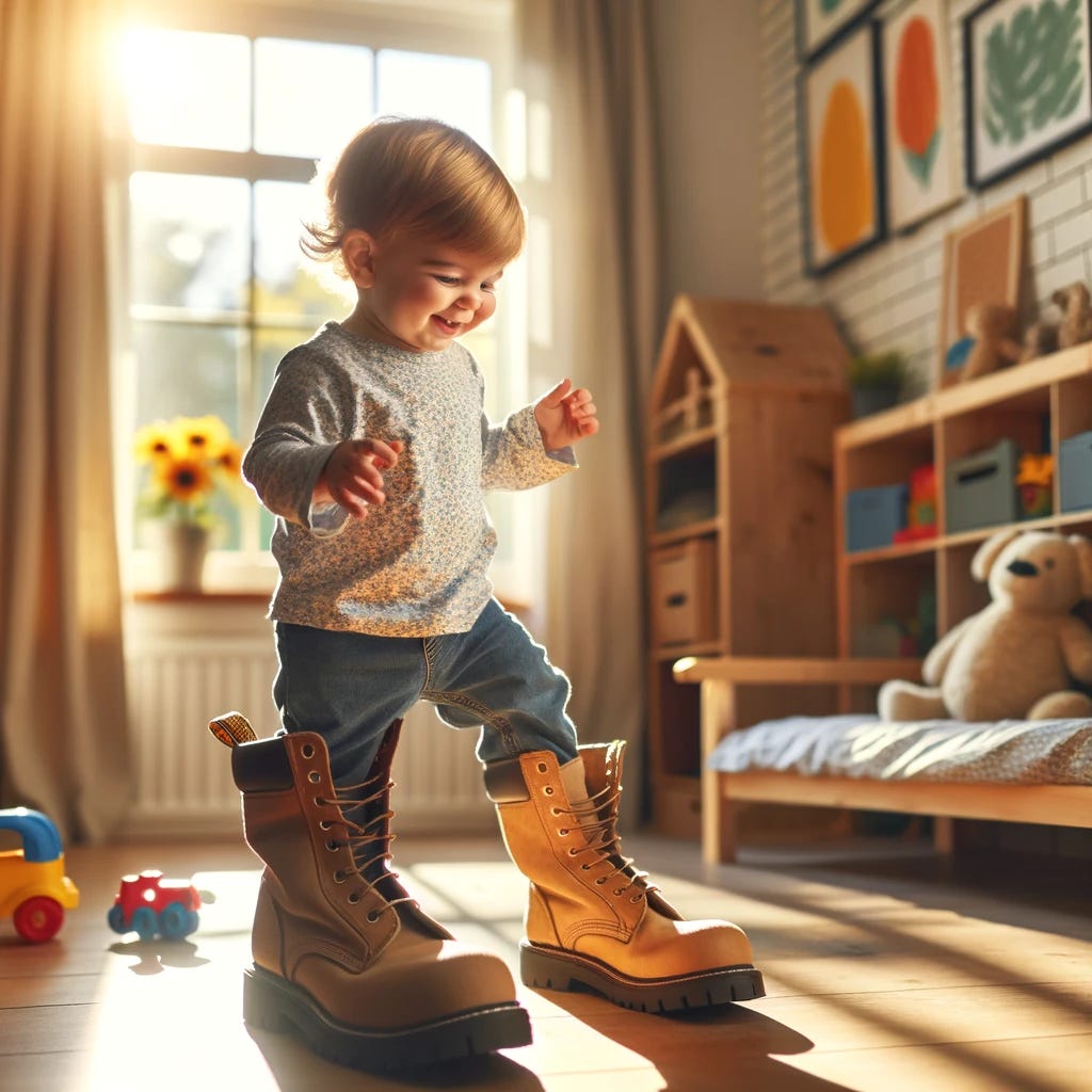 AI generate image of a toddler walking in adult boots.