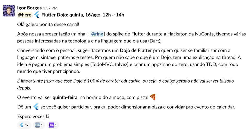 Internal Slack post that invites engineers to an educational Flutter coding dojo to be held Thursdays' lunch with pizza.