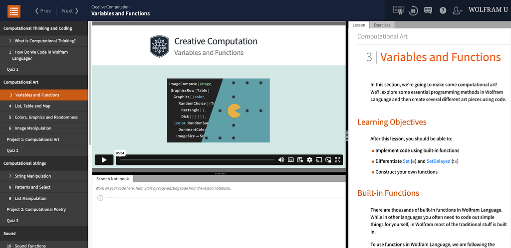 Preview of Creative Computation course, with a split window showing contents, video content, and write-ups on variables