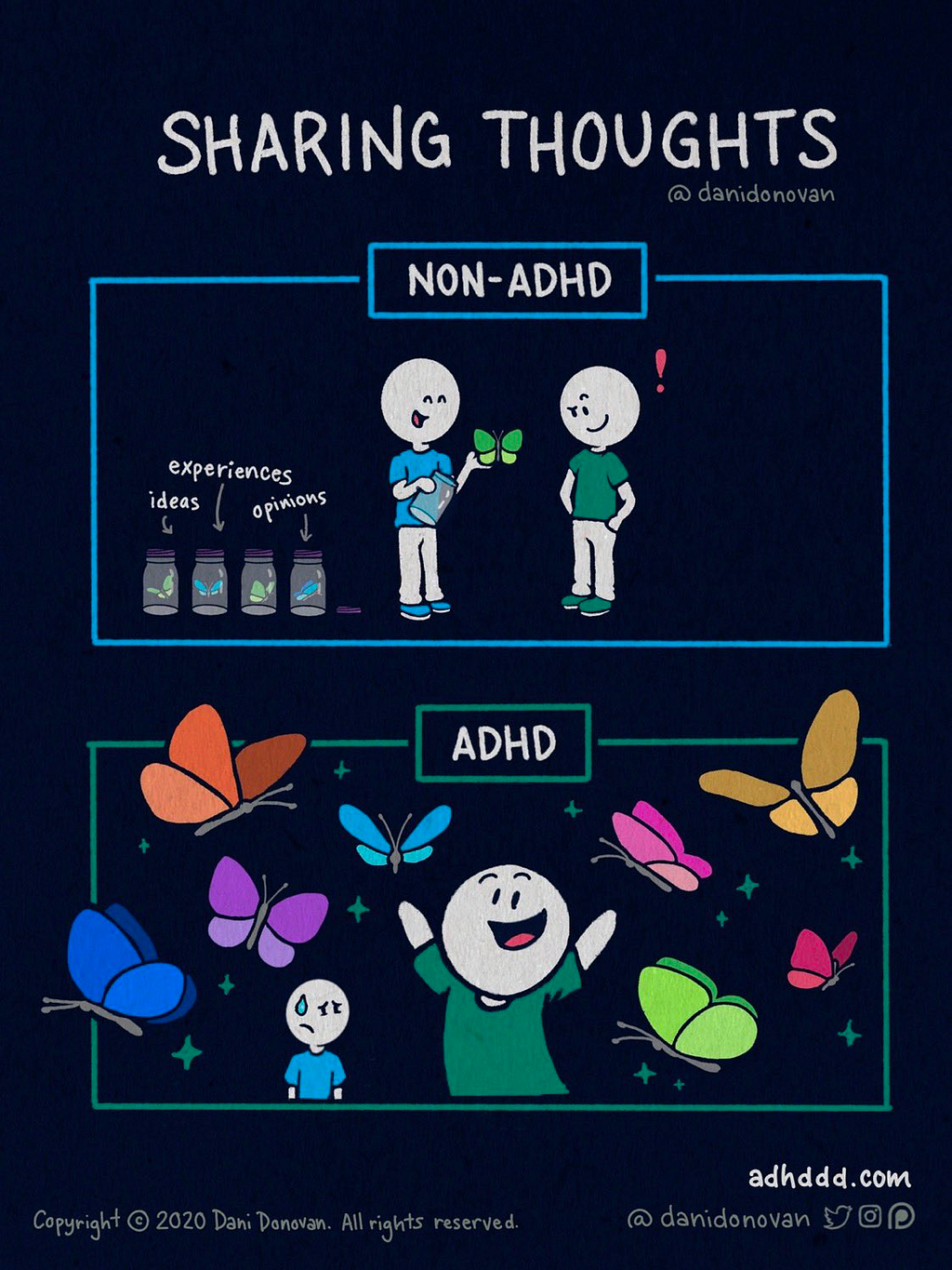 A comic comparing neurotypical and ADHD ways of sharing information, using butterflies as a metaphor.