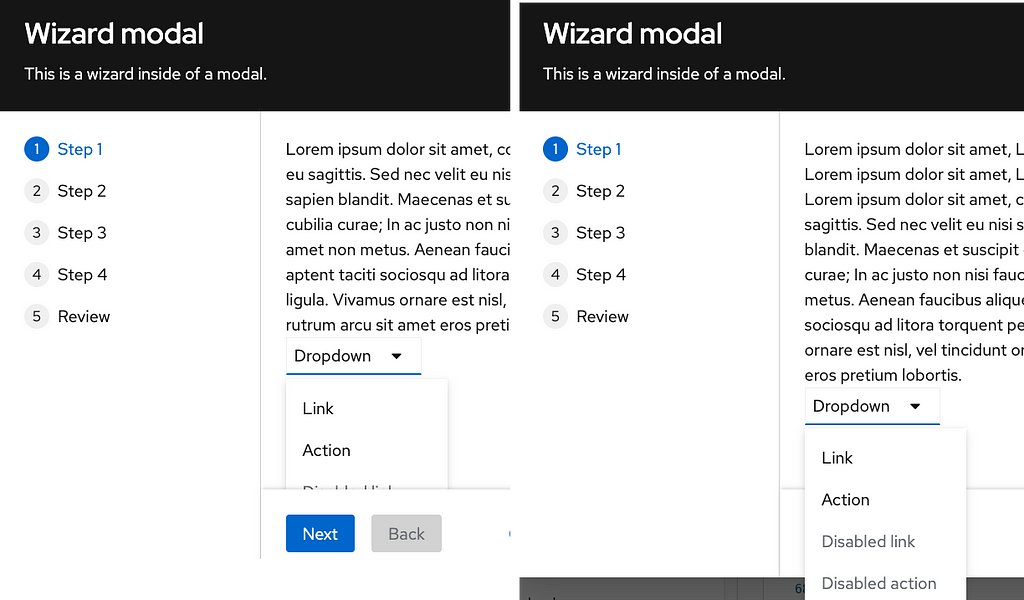 Two instances of a dropdown inside a wizard inside a modal, showcasing two different methods of appending to the DOM