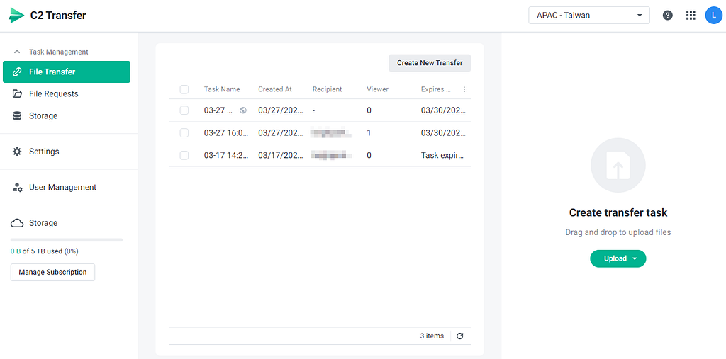 A screenshot of the C2 Transfer portal showing some examples of file transfer tasks.