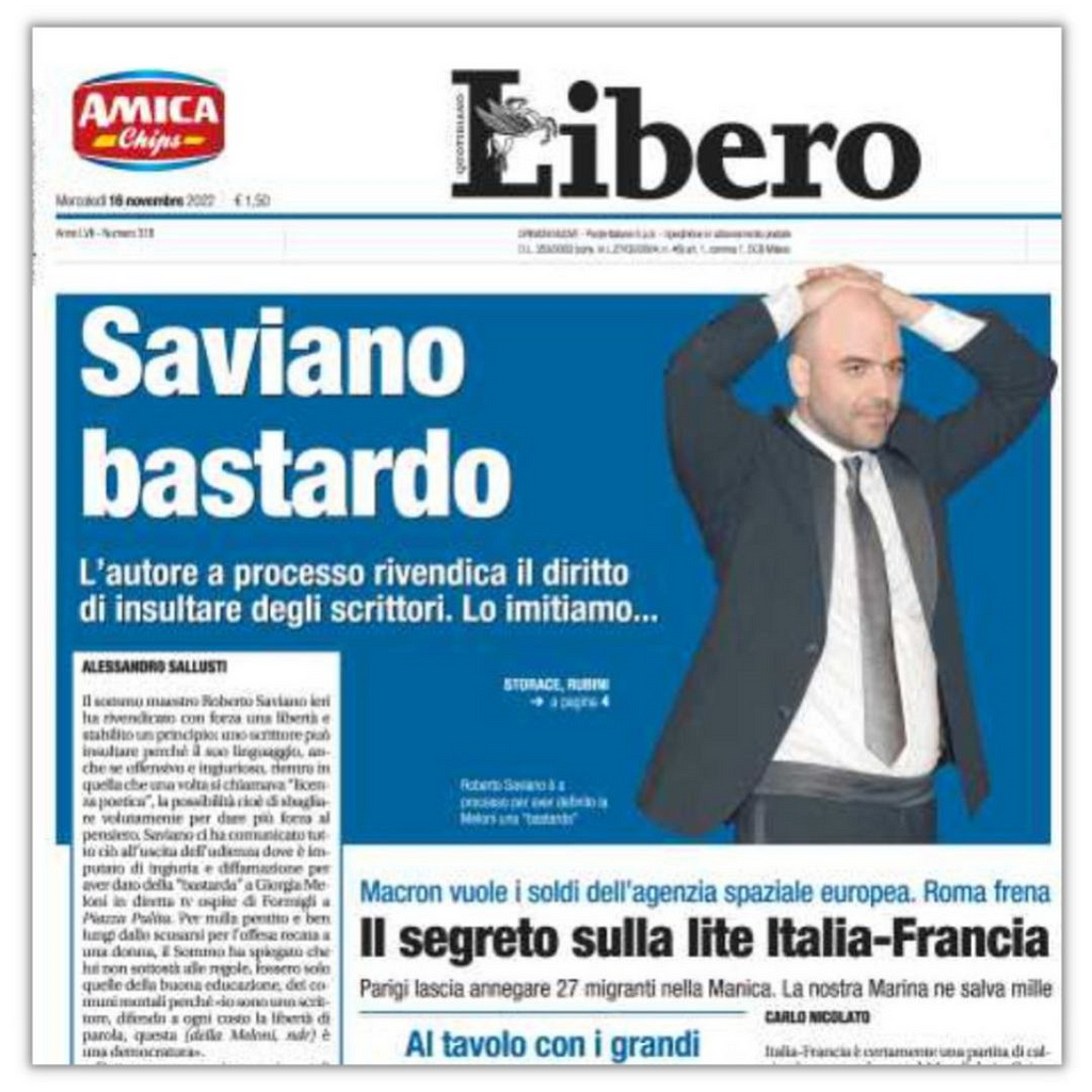 Libero newspaper with the headline “Saviano bastard”