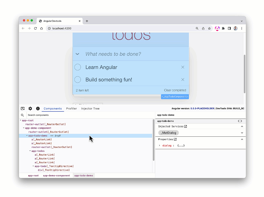 Gif showing the new dependency injection debugging functionality in Angular DevTools.