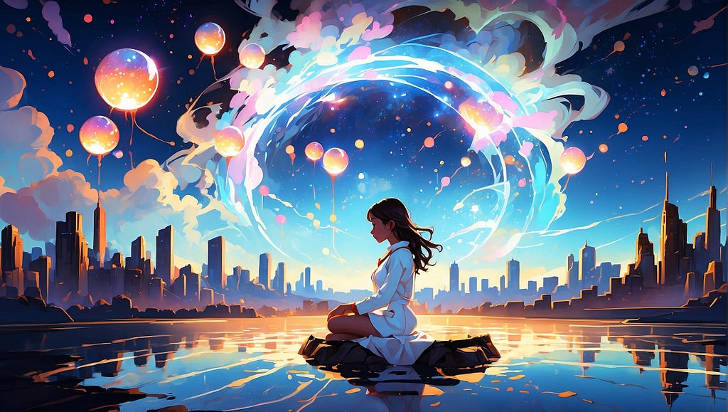 “A lone dreamer sits eyes closed conjuring a glowing orb that transforms into streams of light shaping the outline of a future city, representing imagination manifesting reality. Abstract sparks and celestial shapes fill the expansive, mystical scene. The person radiates an aura of potential and belief.”