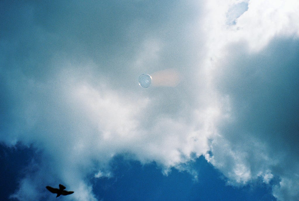An image of a blue sky, clouds, and a bird flying past on the bottom left corner.
