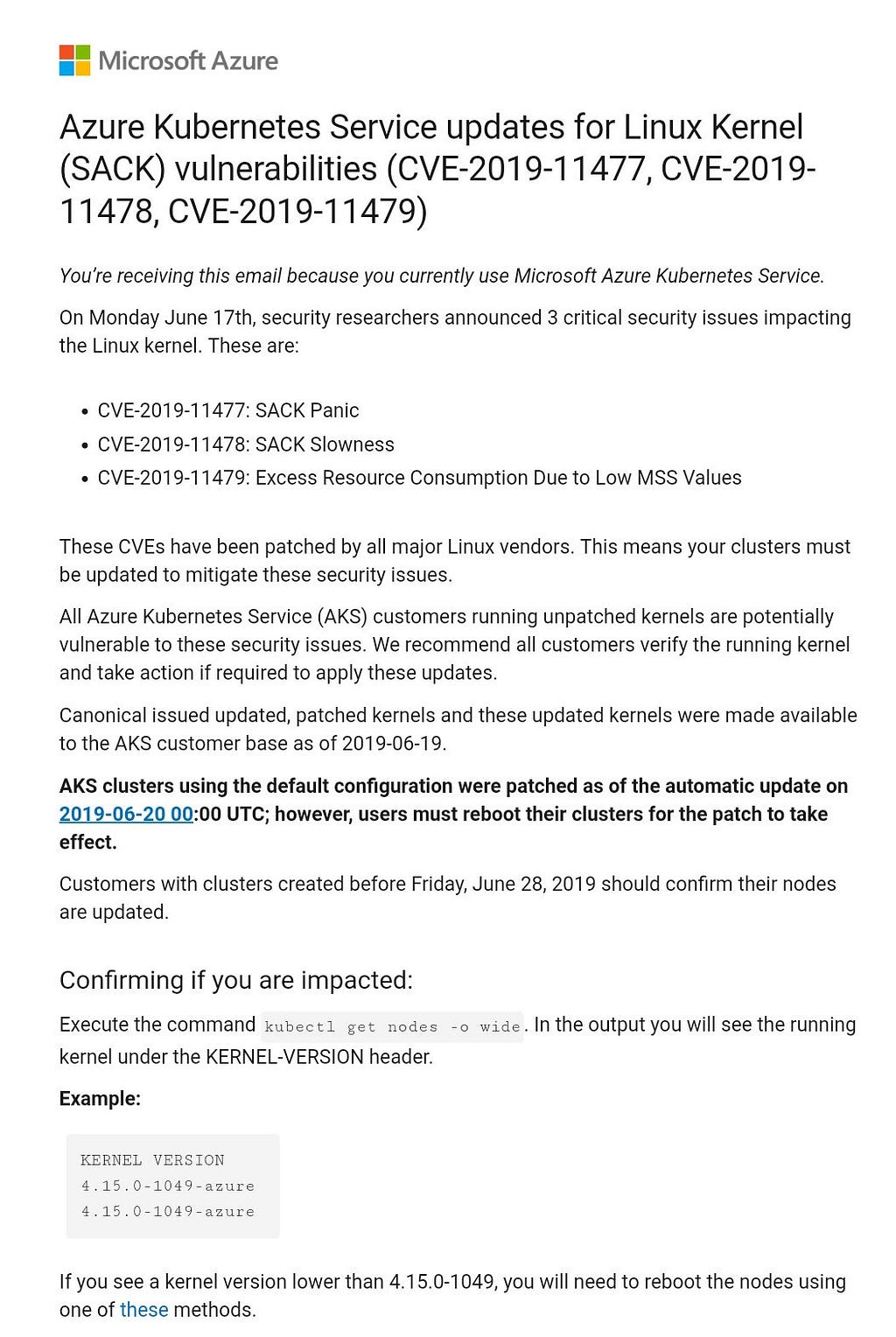 The Microsoft Azure email explaining that I had to reboot my clusters