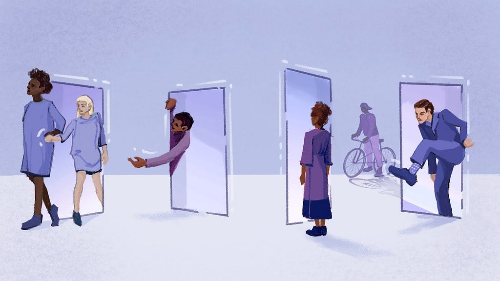 People of different skin tones emerge from and interact with four doors in an imaginary space as a Black man on a bike behind them looks on.