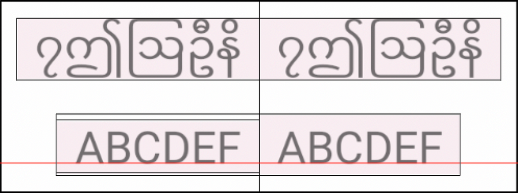 includeFontPadding is false to the left (notice Burmese font clipping is fixed) and includeFontPadding and true to the right (Android API 33)