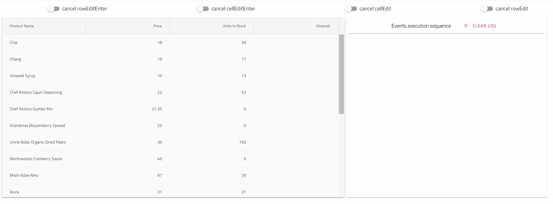 row editing events in angular grid