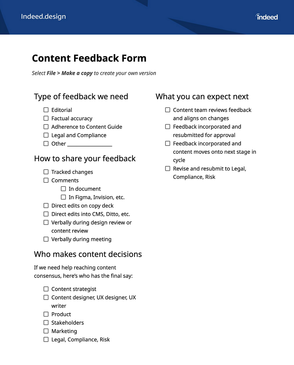 An example content feedback form groups checklist items by topic to focus reviewers’ attention.