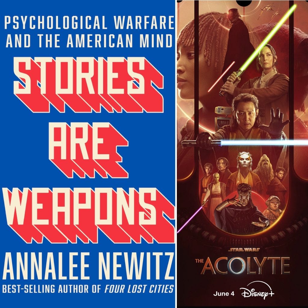 Twin image of bookcover and poster for Stories Are Weapons and The Acolyte