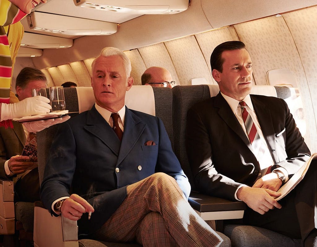 E.g., Popular Tv-Show Mad Men portrays flying reserved to the business elite in the 1960's