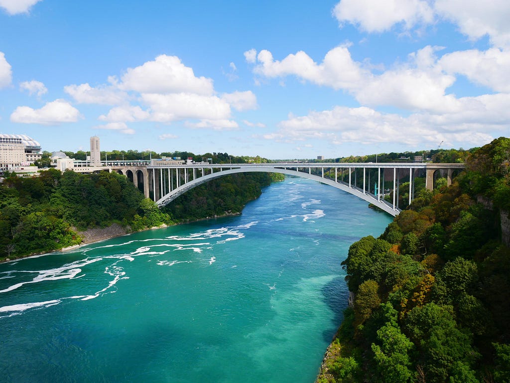 A photo of the Rainbow Bridge at Niagara Falls taken from a distance. The bridge arches over the river. The water is teal and reflective below the bridge, and a sunny sky above has a few clouds. Green trees fill in both sides of the river.