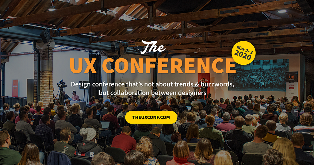 The UX conference logo on a background image of lots of people listening to a speaker