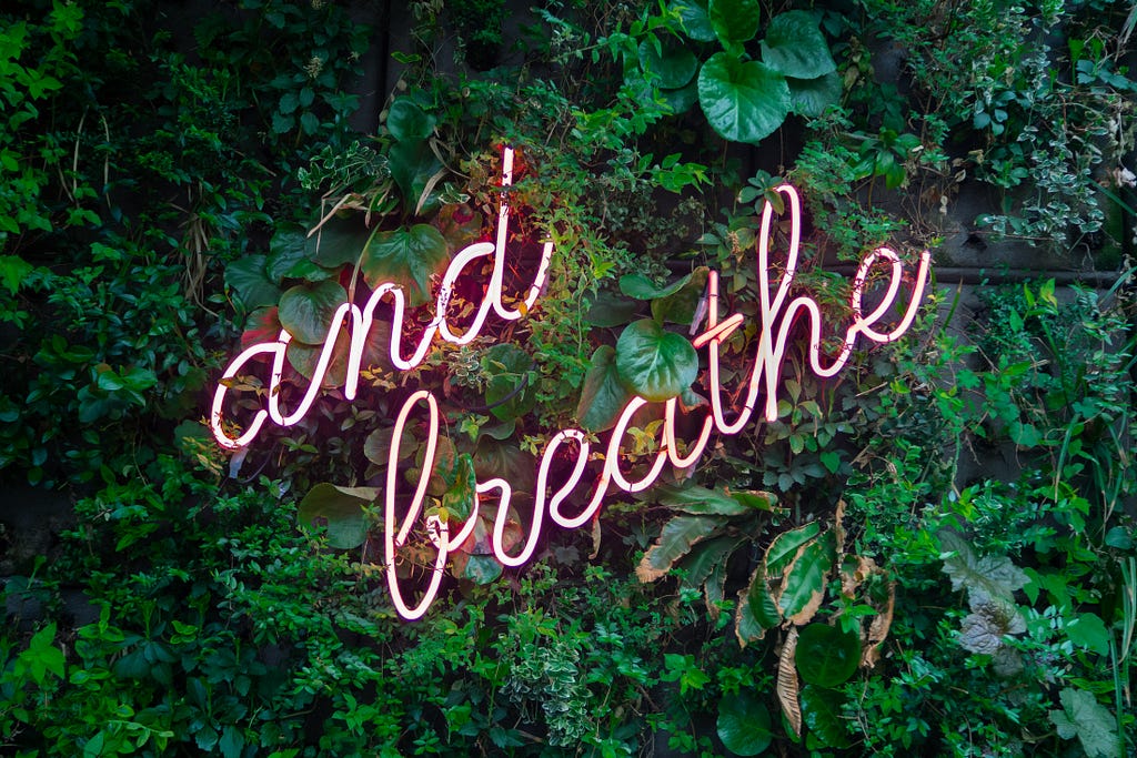 “and breathe:” a neon sign against a leafy background.