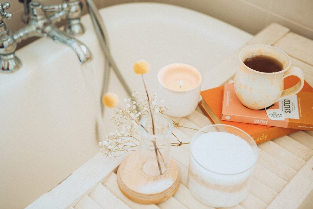 taking a hot bath with coffee, candles and scents