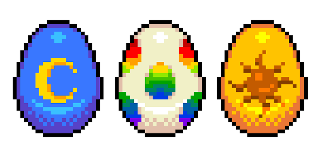 3 hatchy eggs, rainbow, lunar and solar eggs