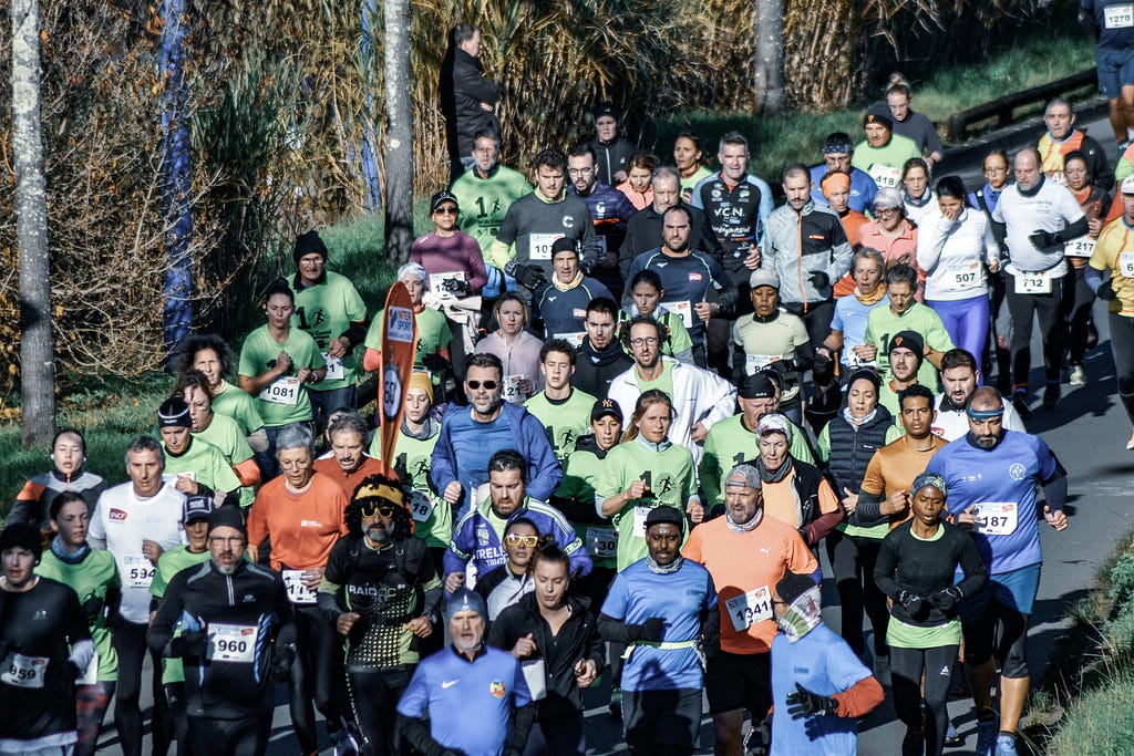 A group of people running a marathon