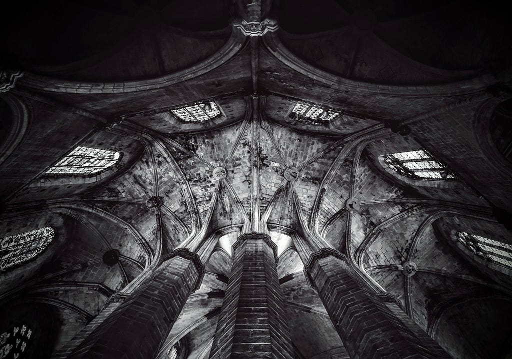 Gray-scale image of intricate roof