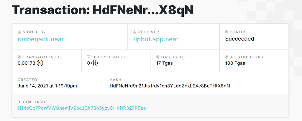 Screenshot of metadata concerning my Tipbot transaction