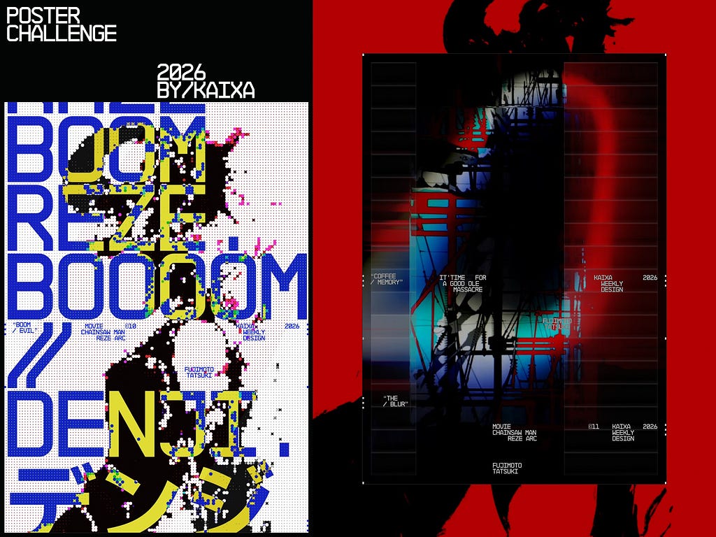 A split-screen poster design for the 2026 Kaixa Poster Challenge, featuring bold glitch-style typography reading “BOOM BOOM DENJI” on the left and a dark, abstract layered composition with red and blue tones and grid overlays on the right.