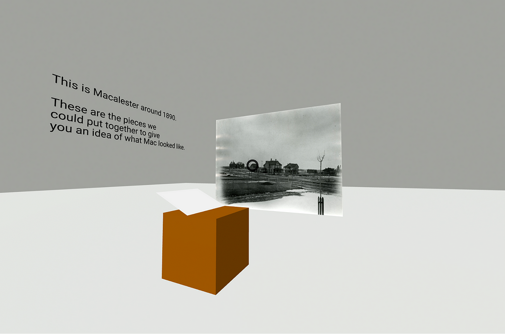 A screenshot of a VR environment with a lectern and book in the center, in front of a historical photo of Old Main. To the left is a caption that reads “This is Macalester around 1890. These are the pieces we could put together to give you an idea of what Mac looked like.”