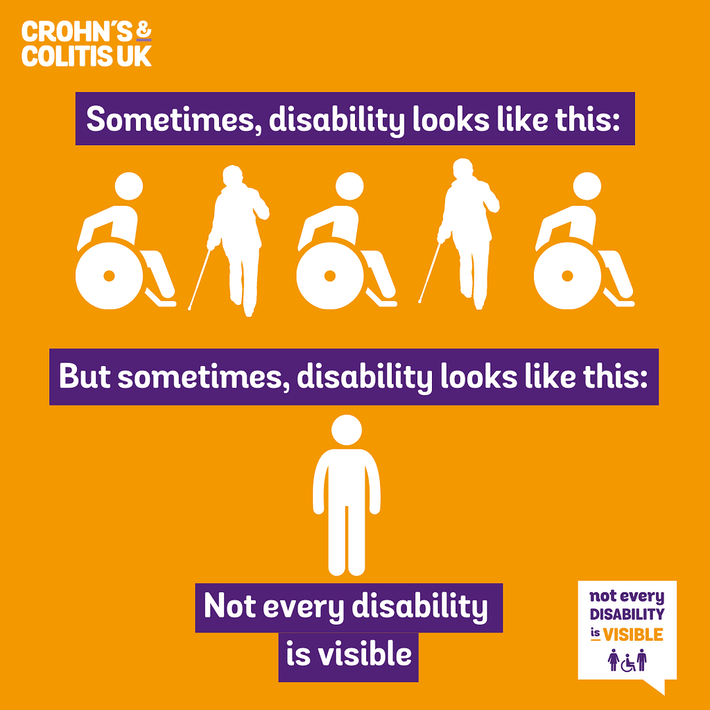 A poster released by “Chron’s and Colitis UK” advocating for awareness of disability. On the top it has typical appearances like wheelchair usage and stick usage captioned with “Sometimes disability looks like this…”, but on the bottom it just has a lone silhouette of a person without any visible aids and a caption that reads “But sometimes disability looks like this”, and a footnote reading, “not every disability is visible”.