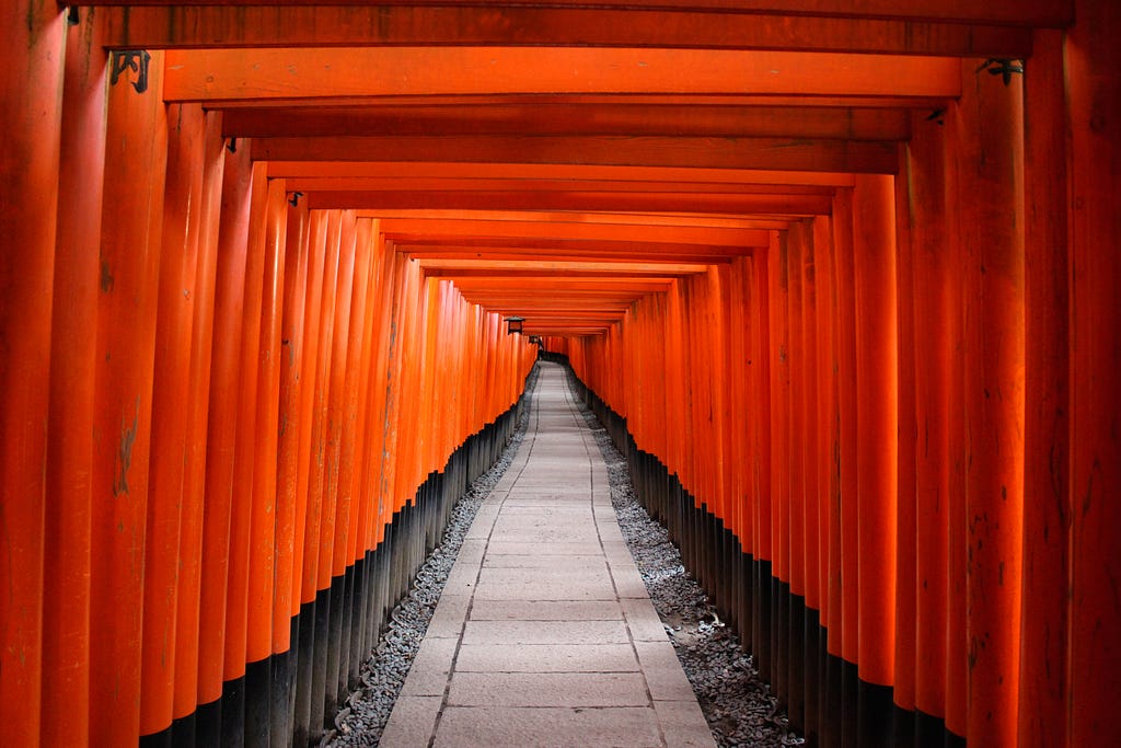 The repeating torii gates at Fushimi Inari Shrine in Kyoto, Japan