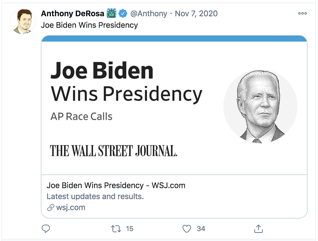 Tweet with auto-generated race call card showing Biden winning presidency