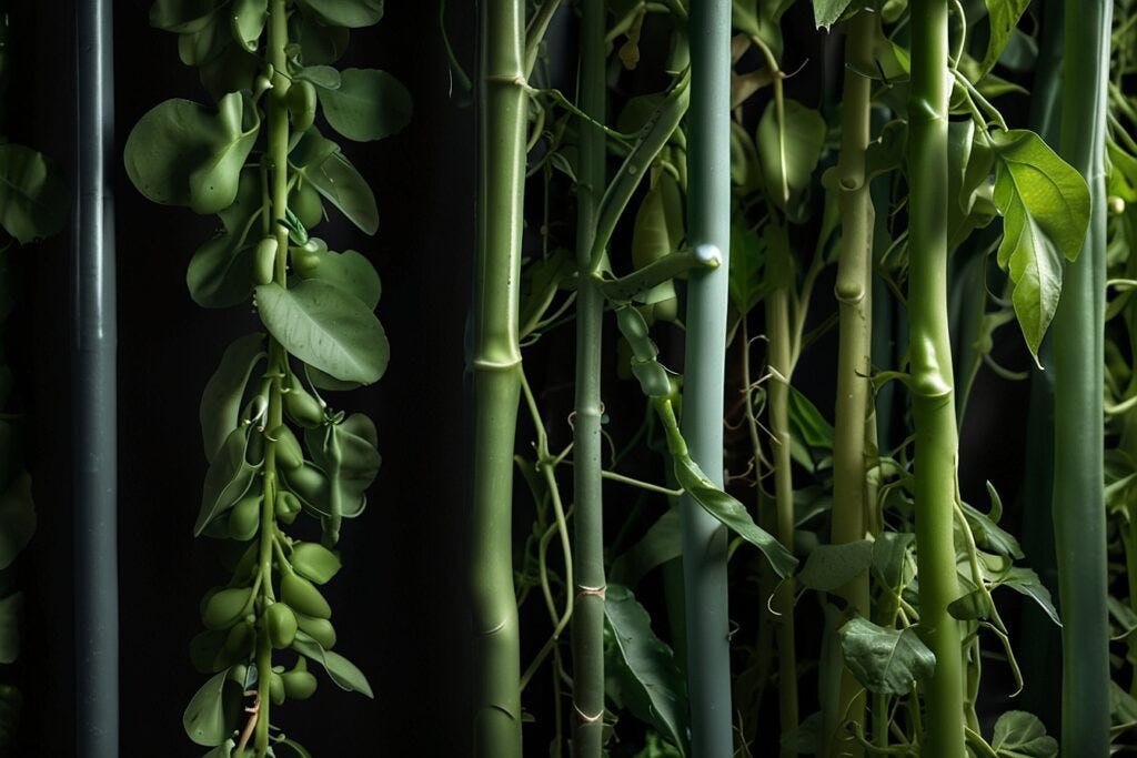 Vibrant green pea vines with various leaves and tendrils growing vertically in a hydroponic system against a dark background, interspersed with shadows.
