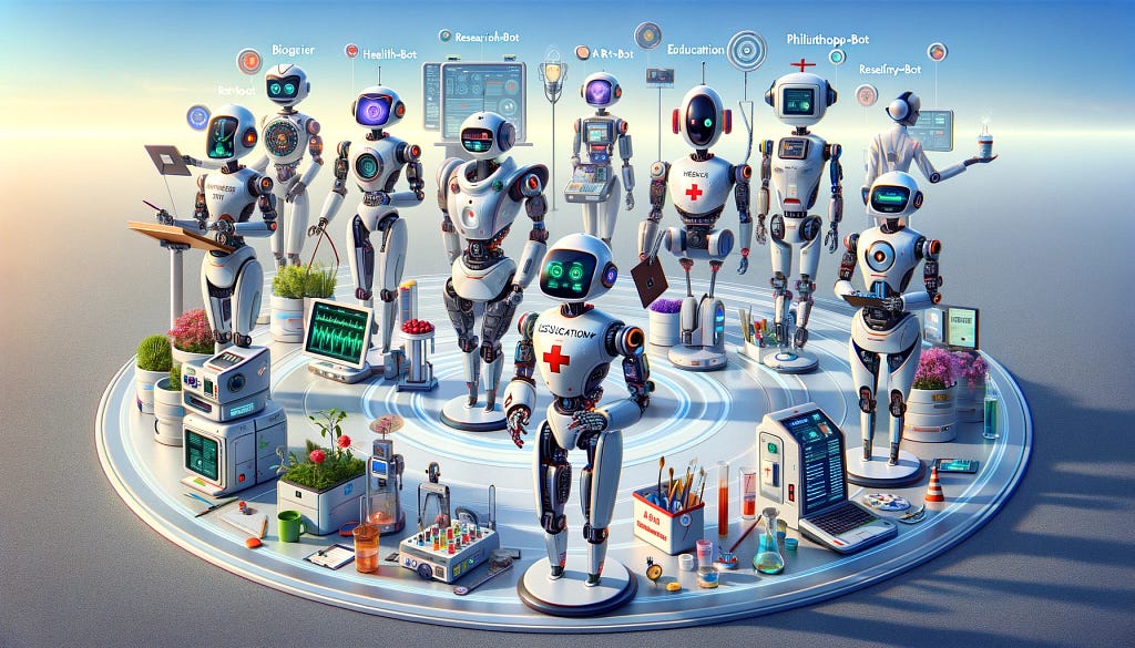 A platter serving: biographer bot, health-bot, research-bot, education-bot, personal-assistant-bot, resume-bot, philanthropy-bot, art-bot and more!
